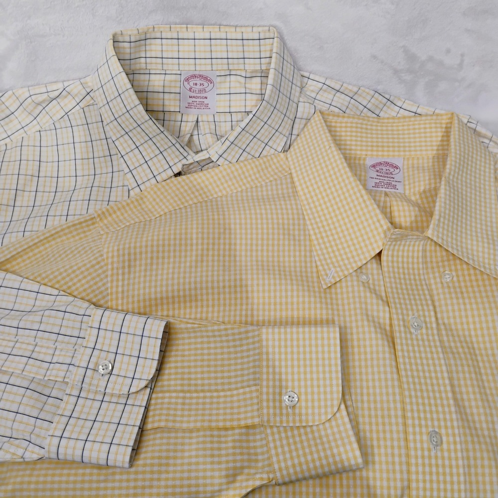 Lot of 2 Brooks Brothers Madison 18-35 Yellow Gingham Multi Check Dress Shirt X